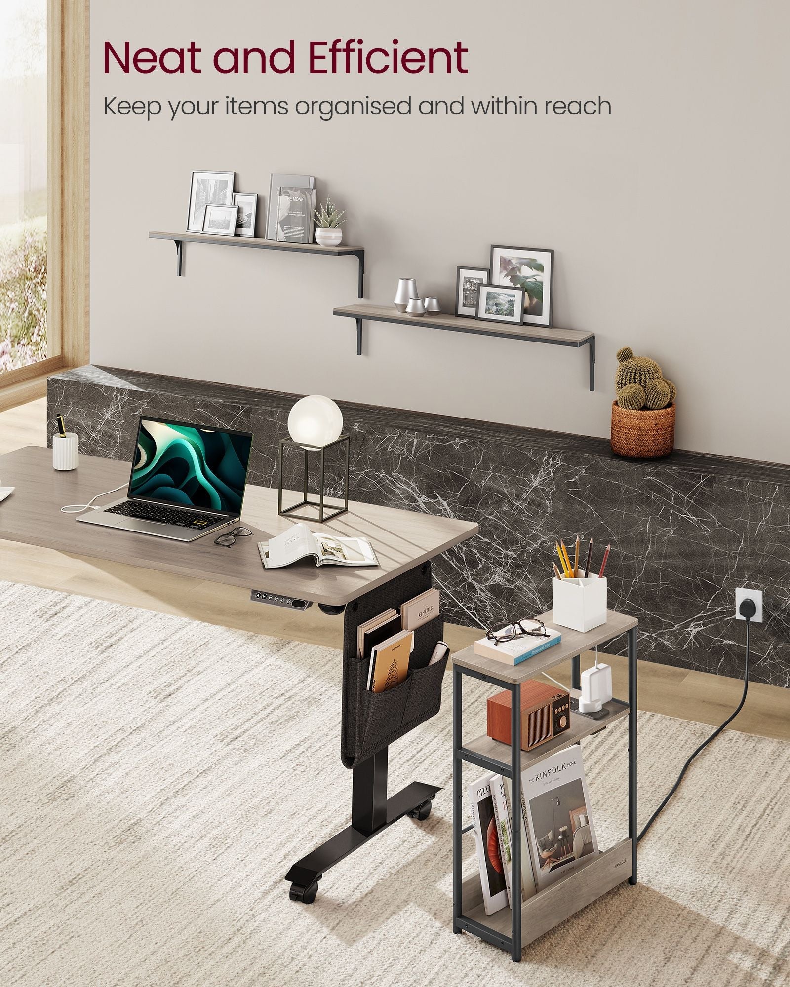 3-Tier Side Table – Wood – Heather Greige and Ink Black – Charging Station and Magazine Rack