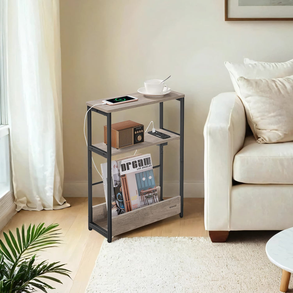 Narrow Bedside Table – Wood – Greige – 3-Tier with Charging Station and Magazine Rack