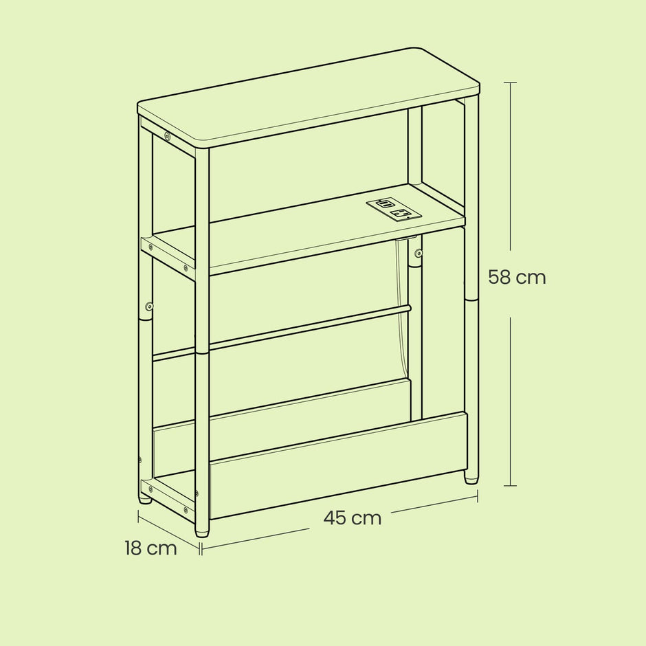 Narrow Bedside Table – Wood – Greige – 3-Tier with Charging Station and Magazine Rack