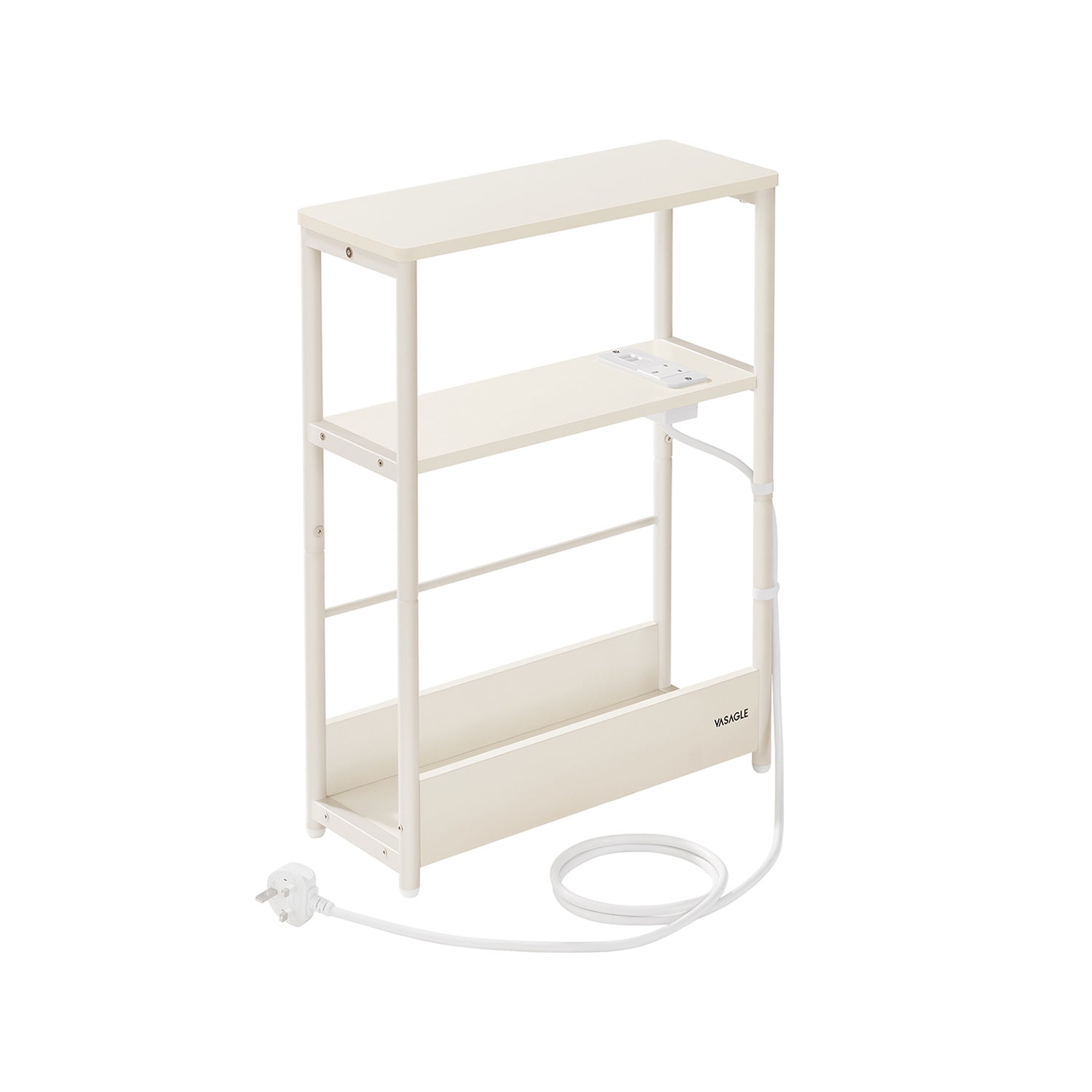 3-Tier Slim Side Table – Wood – Cream White – Built-in Charging Station and Magazine Rack