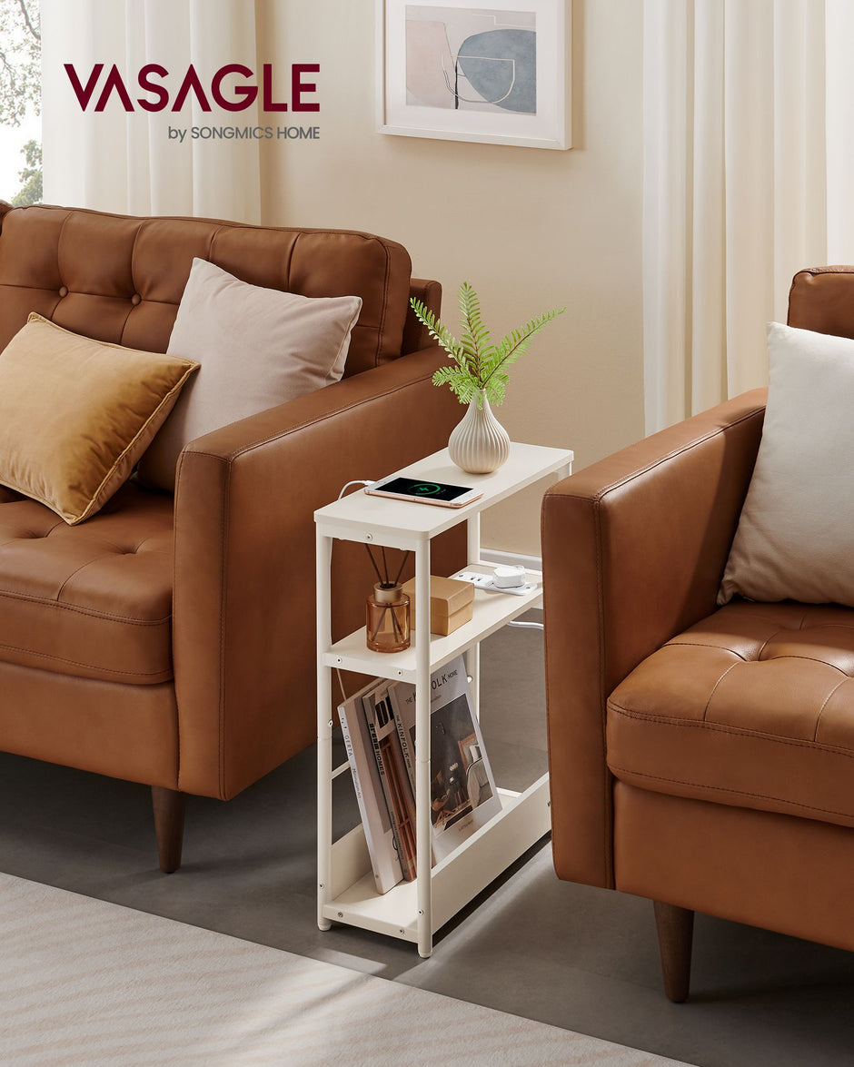 3-Tier Slim Side Table – Wood – Cream White – Built-in Charging Station and Magazine Rack