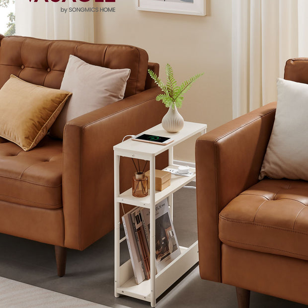 3-Tier Slim Side Table – Wood – Cream White – Built-in Charging Station and Magazine Rack