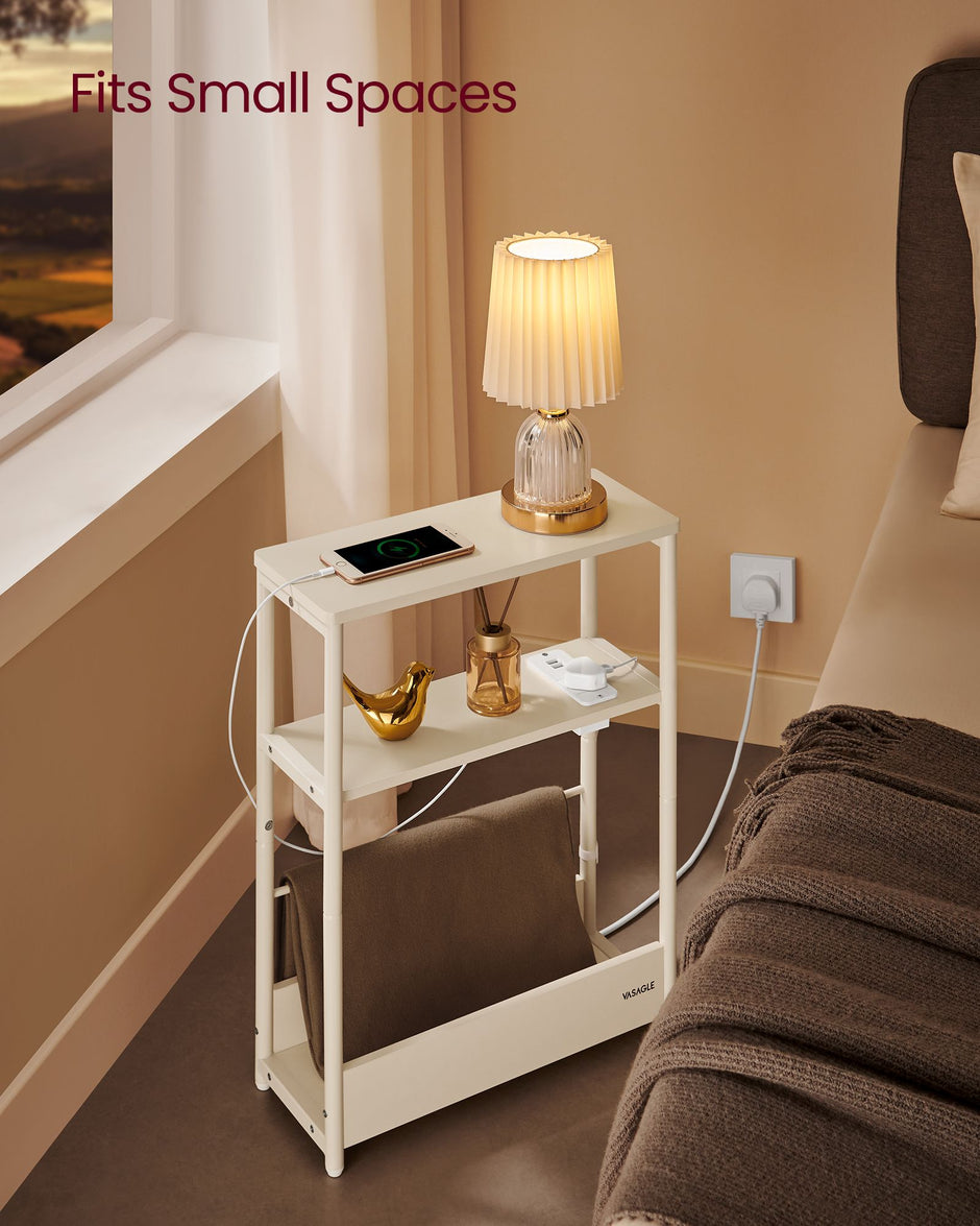 3-Tier Slim Side Table – Wood – Cream White – Built-in Charging Station and Magazine Rack