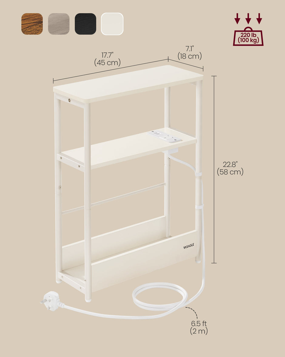 3-Tier Slim Side Table – Wood – Cream White – Built-in Charging Station and Magazine Rack