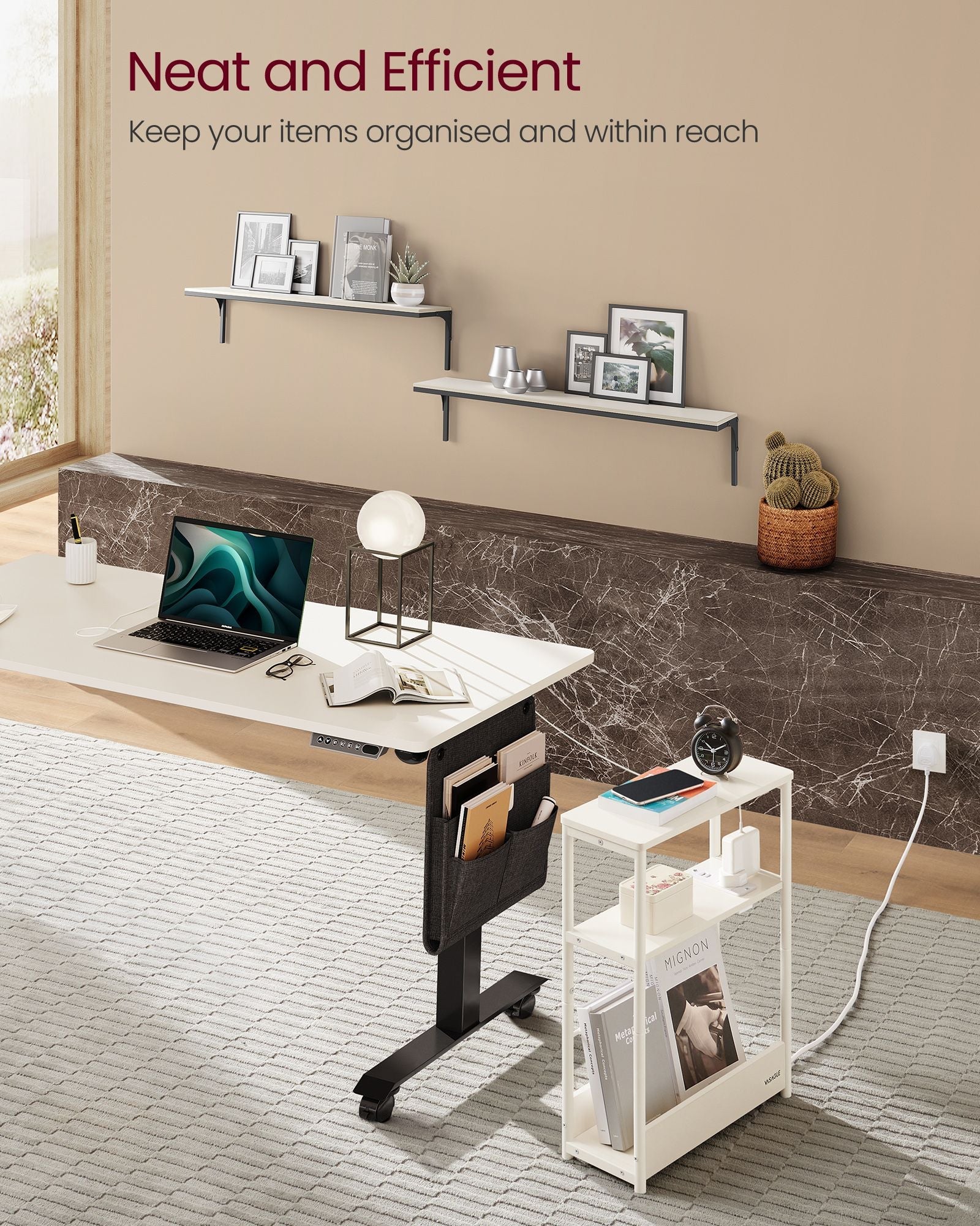 3-Tier Slim Side Table – Wood – Cream White – Built-in Charging Station and Magazine Rack
