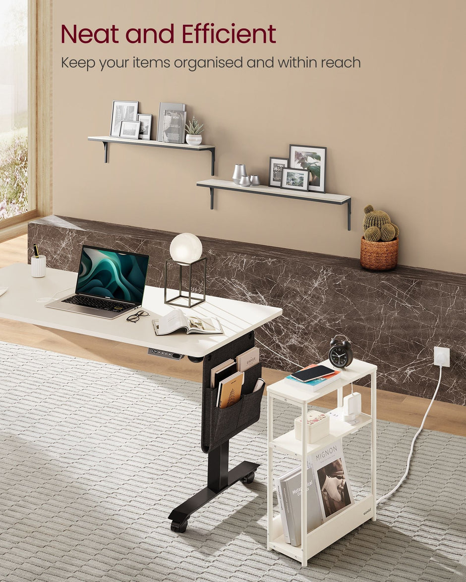 3-Tier Slim Side Table – Wood – Cream White – Built-in Charging Station and Magazine Rack