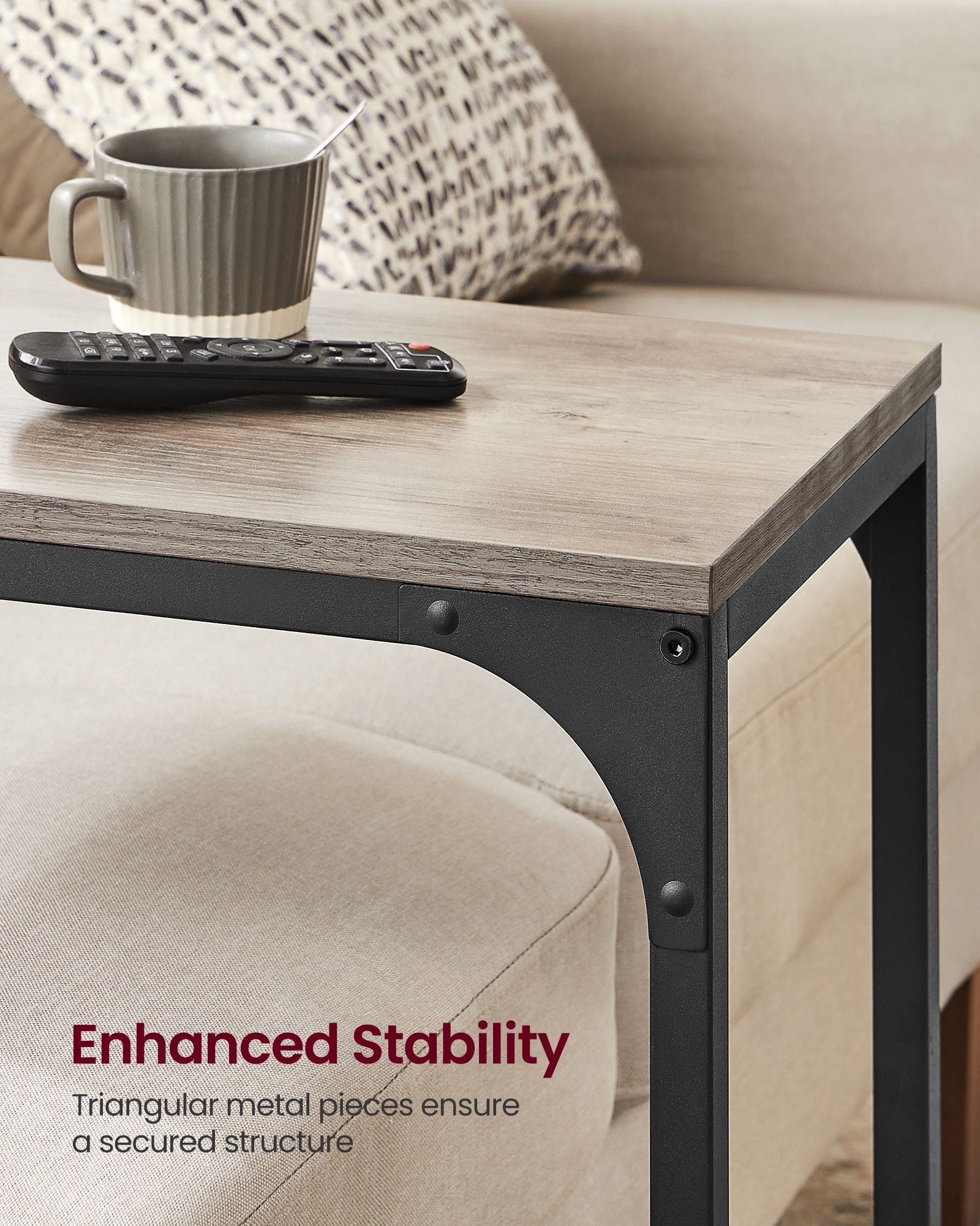 C-Shaped Side Table – Metal Frame – Heather Greige and Black – Industrial Design for Living Room and Bedroom