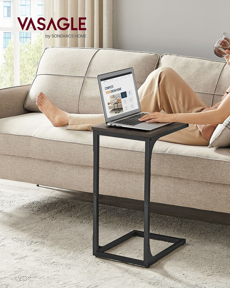 C-Shaped End Table – Metal Frame – Chestnut Brown and Black – Industrial Design