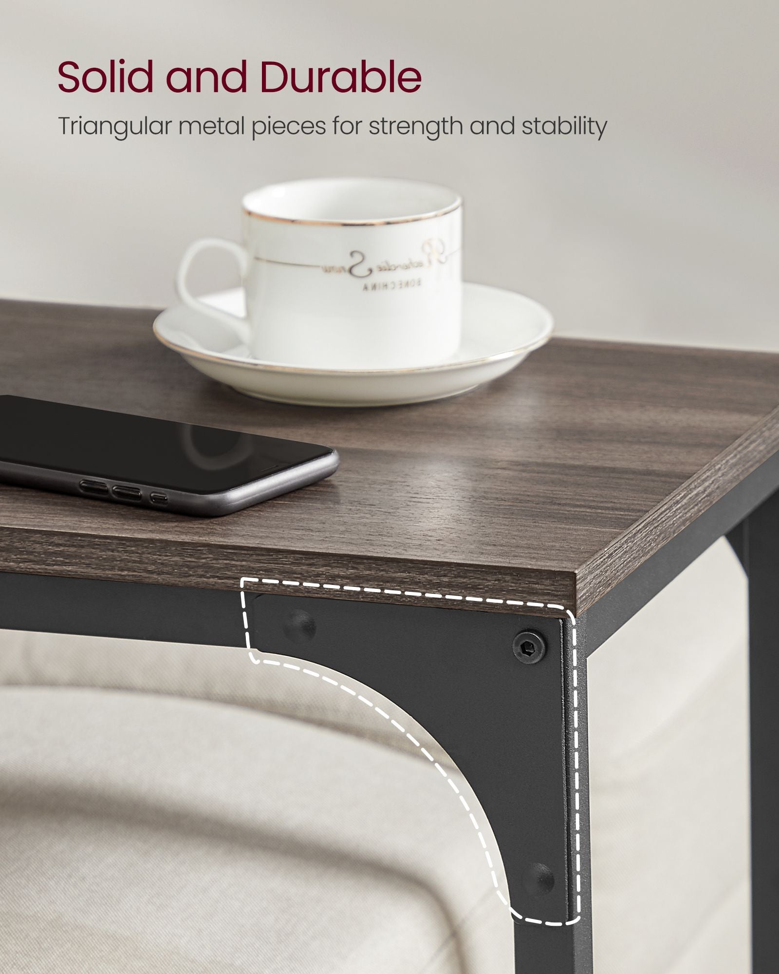 C-Shaped End Table – Metal Frame – Chestnut Brown and Black – Industrial Design