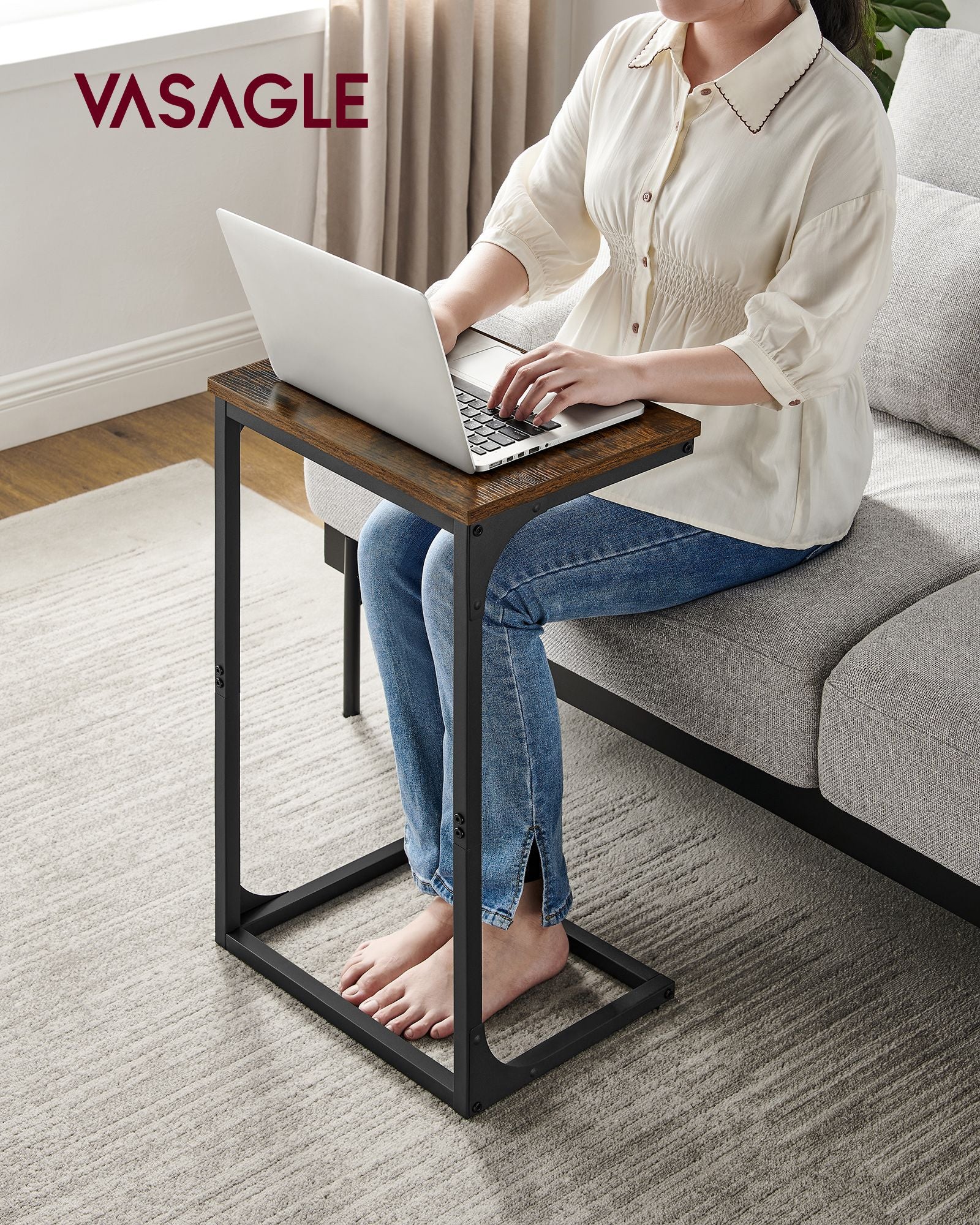 C-Shaped Side Table – Metal Frame – Rustic Brown and Black – Industrial Design
