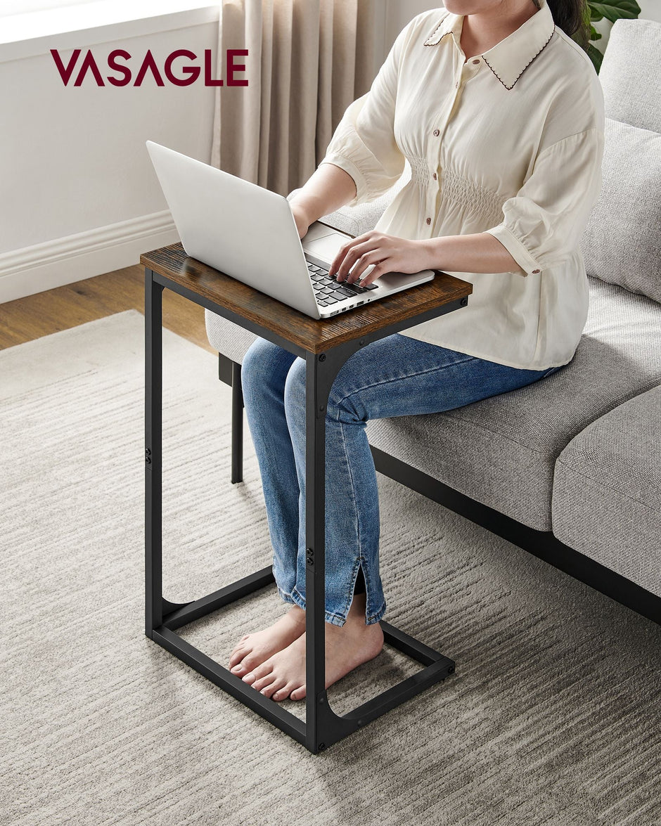 C-Shaped Side Table – Metal Frame – Rustic Brown and Black – Industrial Design