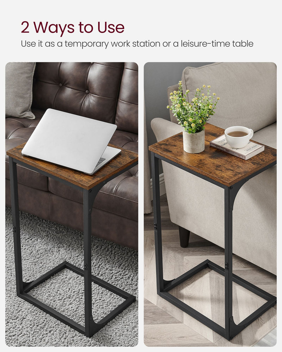 C-Shaped Side Table – Metal Frame – Rustic Brown and Black – Industrial Design