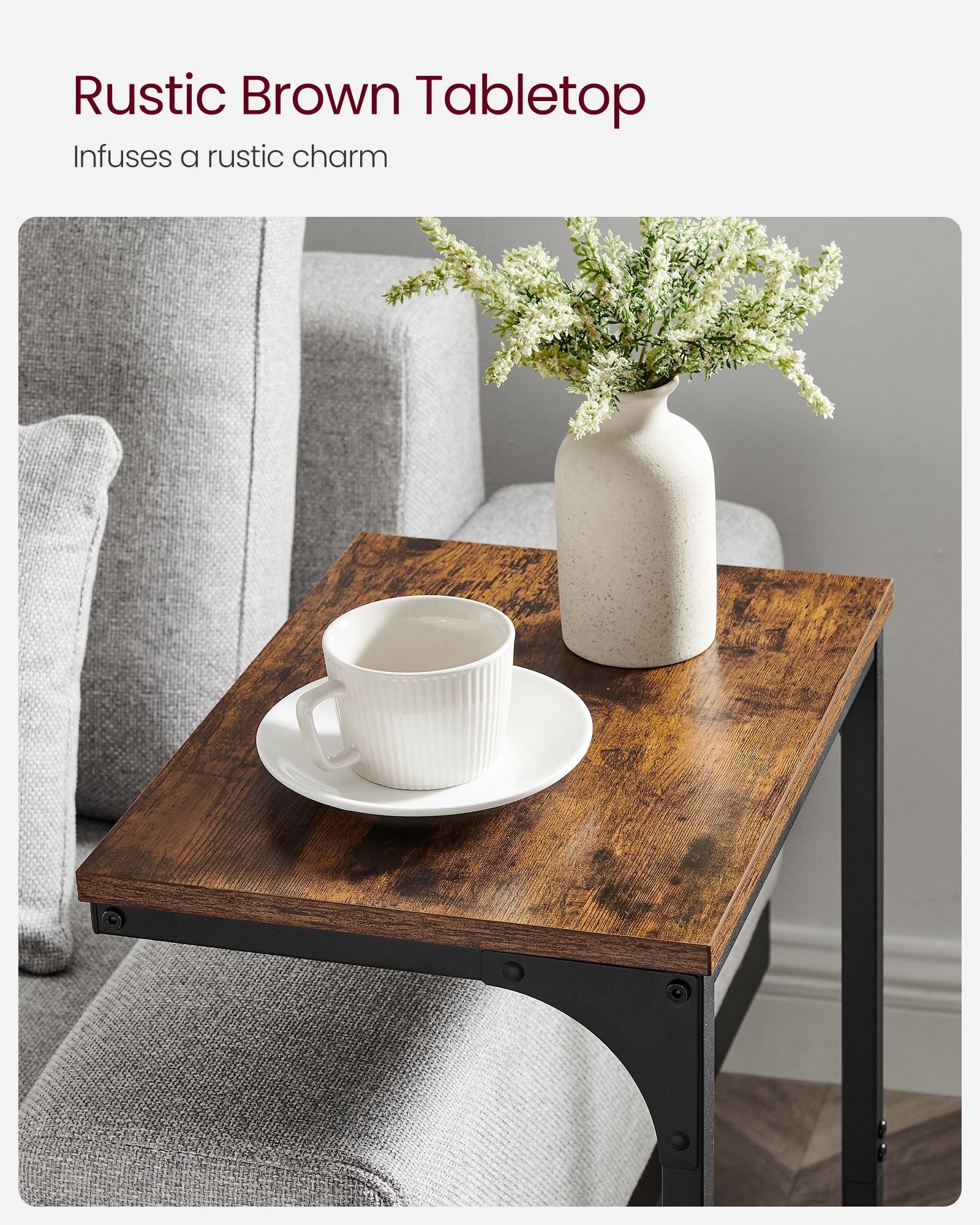 C-Shaped Side Table – Metal Frame – Rustic Brown and Black – Industrial Design