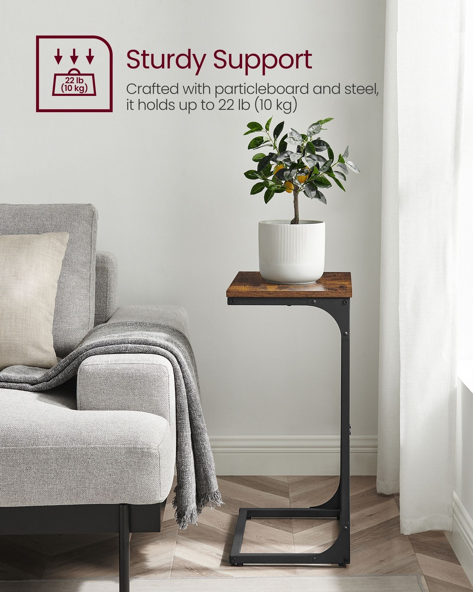 C-Shaped Side Table – Metal Frame – Rustic Brown and Black – Industrial Design