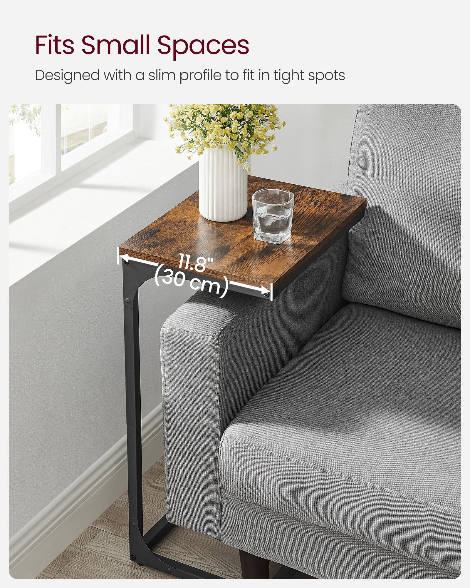 C-Shaped Side Table – Metal Frame – Rustic Brown and Black – Industrial Design