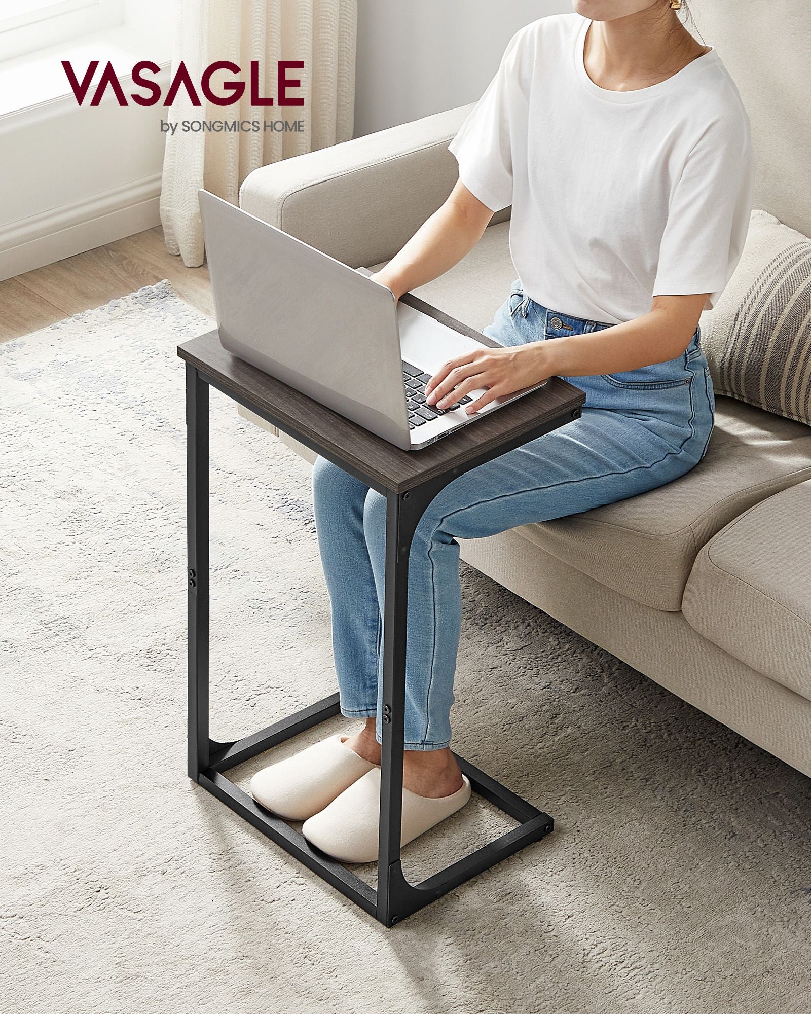 C-Shaped Side Table – Metal Frame – Chestnut Brown and Ink Black – Industrial Design for Living Room and Bedroom