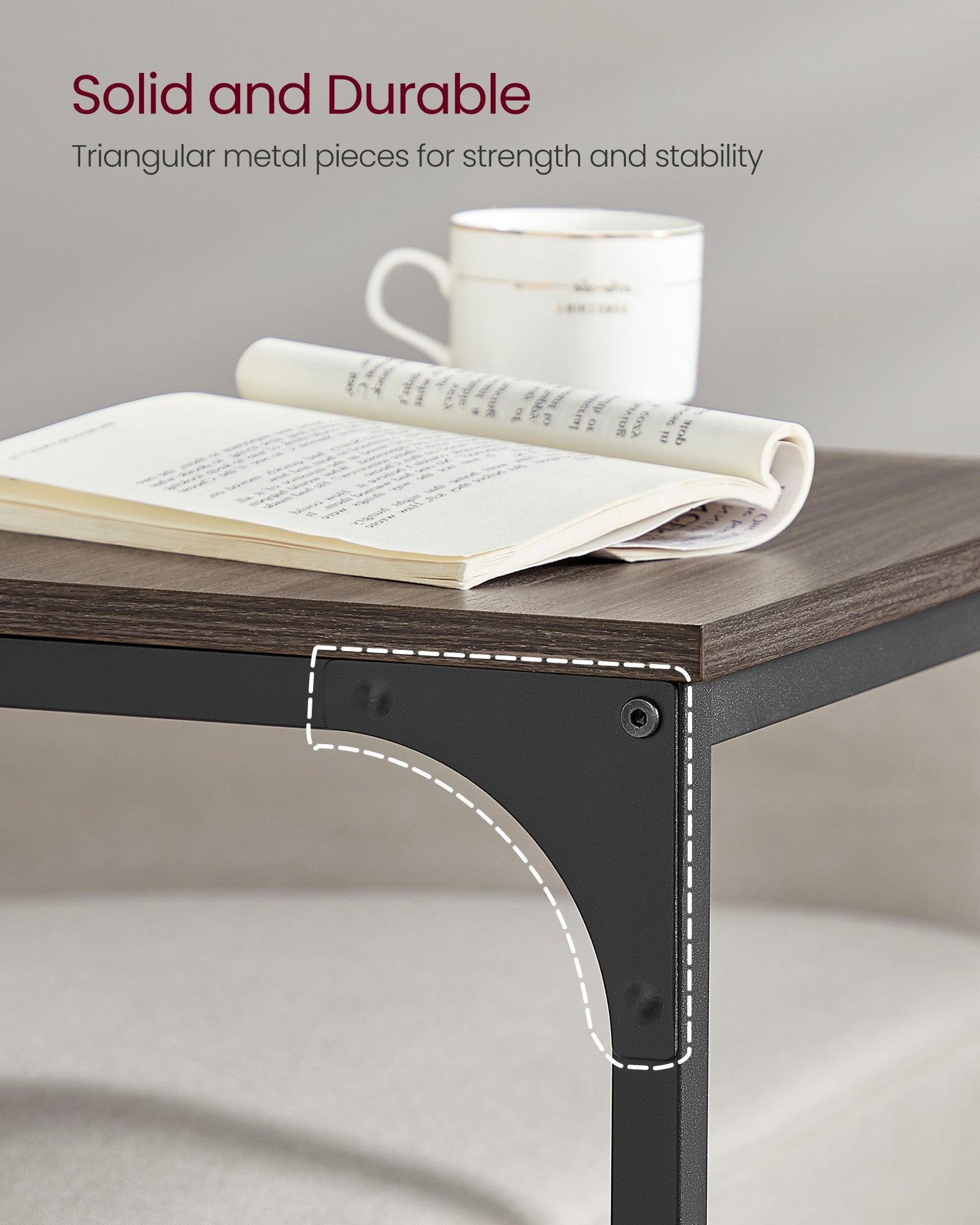 C-Shaped Side Table – Metal Frame – Chestnut Brown and Ink Black – Industrial Design for Living Room and Bedroom