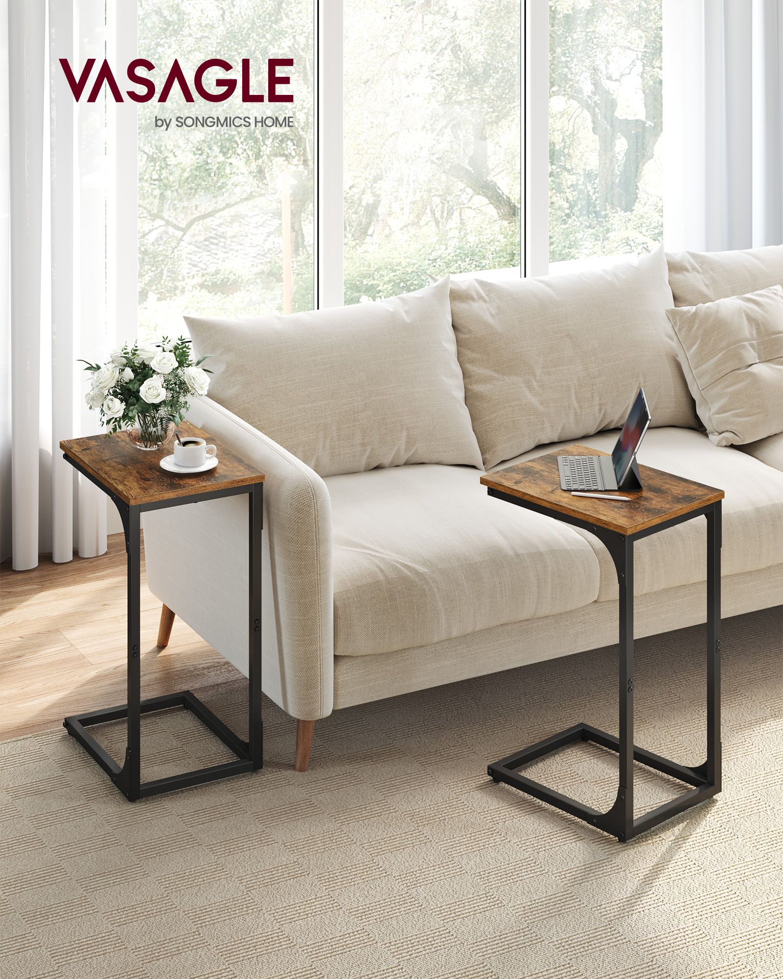C-Shaped Side Tables – Ebonised Oak and Metal – Rustic Brown and Black – Set of 2