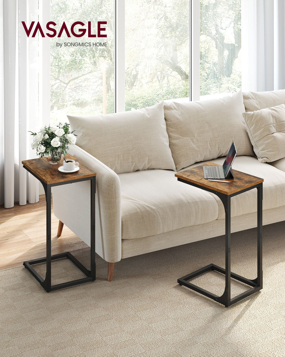 C-Shaped Side Tables – Ebonised Oak and Metal – Rustic Brown and Black – Set of 2