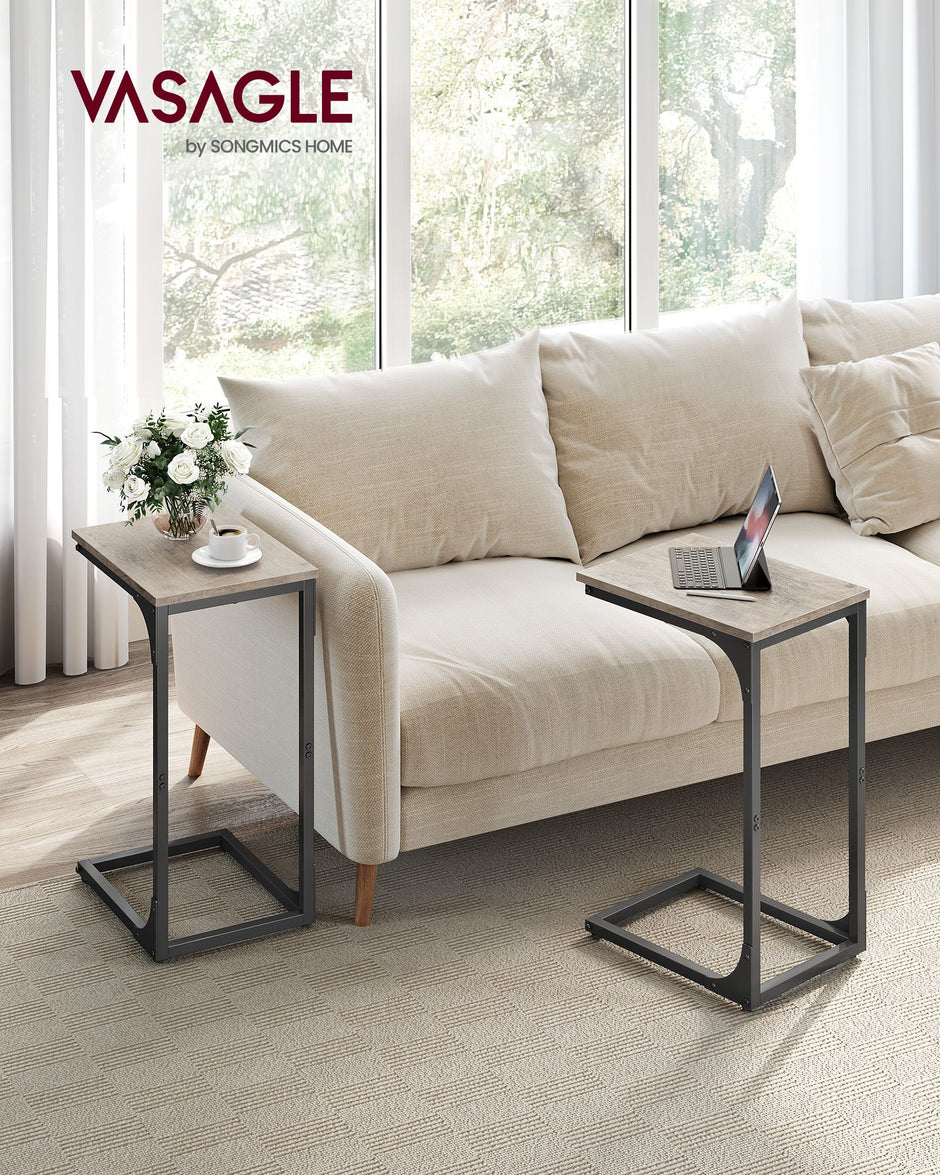Set of 2 C-Shaped Side Tables – Metal Frame – Heather Greige and Ink Black – Industrial Design