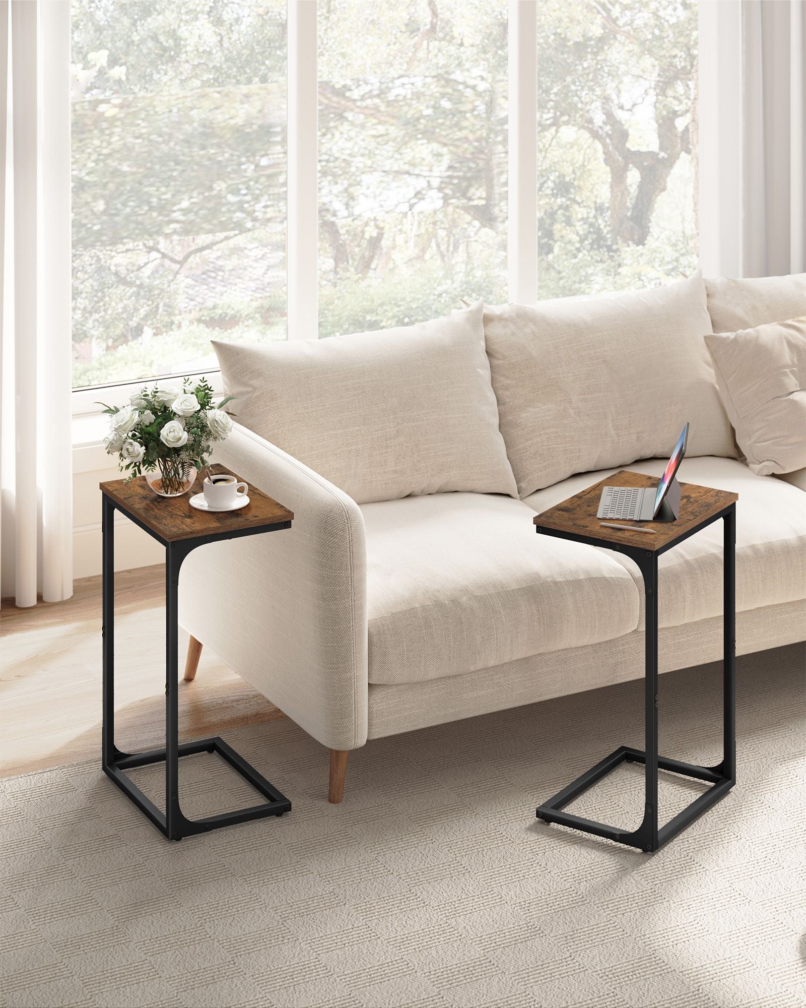 C-Shaped Side Tables – Metal Frame – Rustic Brown and Ink Black – Versatile for Living Room and Bedroom