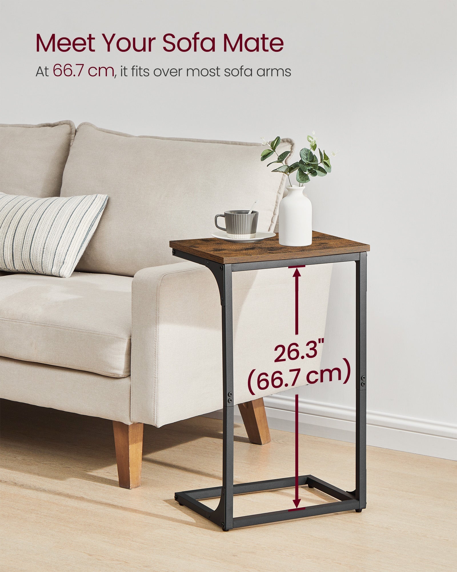 C-Shaped Side Tables – Metal Frame – Rustic Brown and Ink Black – Versatile for Living Room and Bedroom