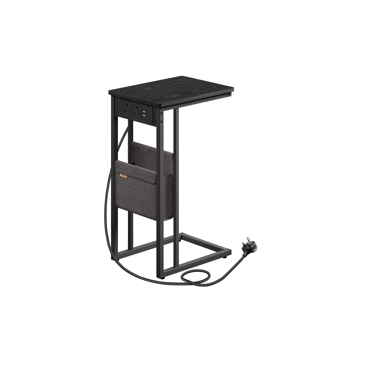 C-Shaped Bedside Table – Wood – Ebony Black – Charging Station with 2 USB Ports and Storage Bag