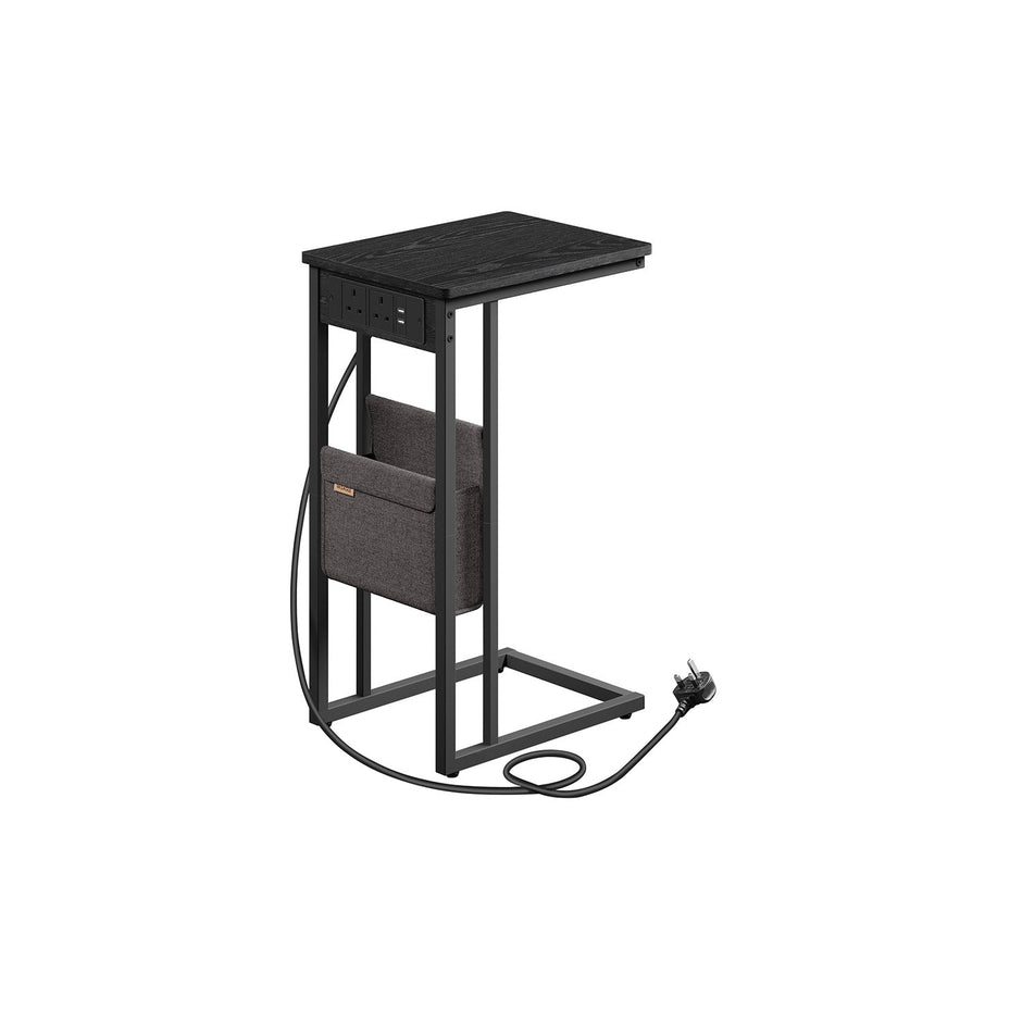 C-Shaped Bedside Table – Wood – Ebony Black – Charging Station with 2 USB Ports and Storage Bag