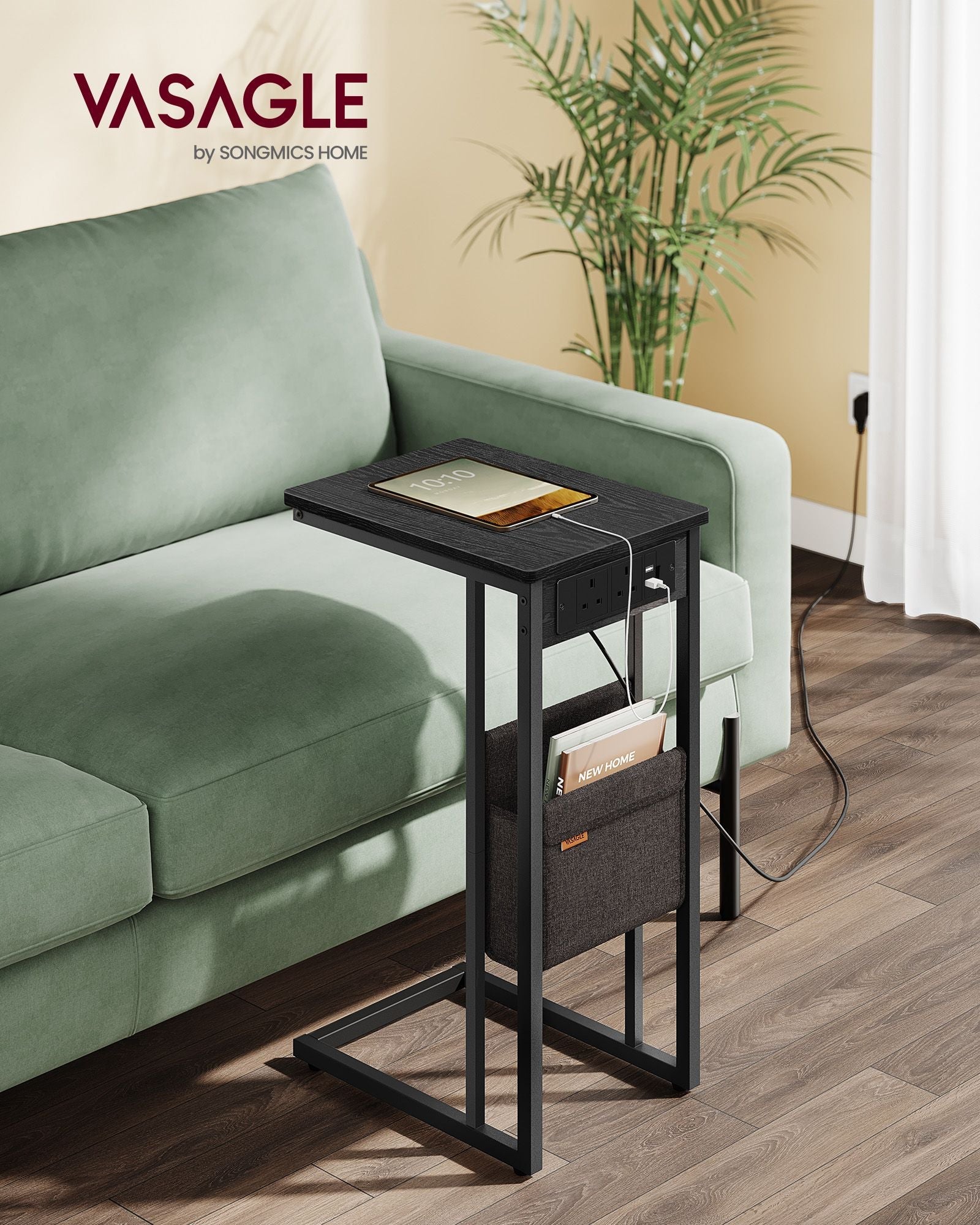 C-Shaped Bedside Table – Wood – Ebony Black – Charging Station with 2 USB Ports and Storage Bag