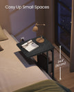 C-Shaped Bedside Table – Wood – Ebony Black – Charging Station with 2 USB Ports and Storage Bag