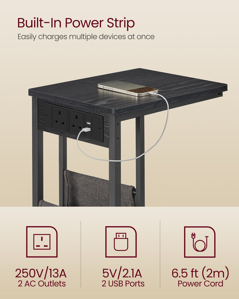 C-Shaped Bedside Table – Wood – Ebony Black – Charging Station with 2 USB Ports and Storage Bag