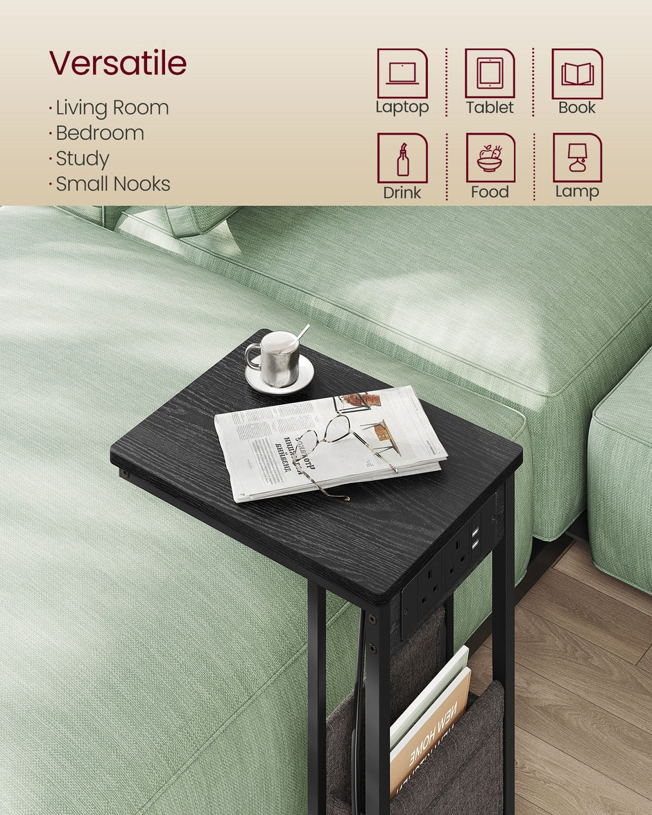 C-Shaped Bedside Table – Wood – Ebony Black – Charging Station with 2 USB Ports and Storage Bag