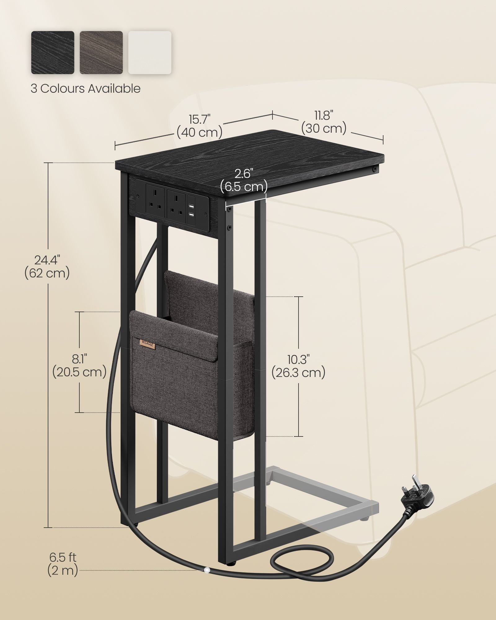 C-Shaped Bedside Table – Wood – Ebony Black – Charging Station with 2 USB Ports and Storage Bag