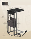 C-Shaped Bedside Table – Wood – Ebony Black – Charging Station with 2 USB Ports and Storage Bag