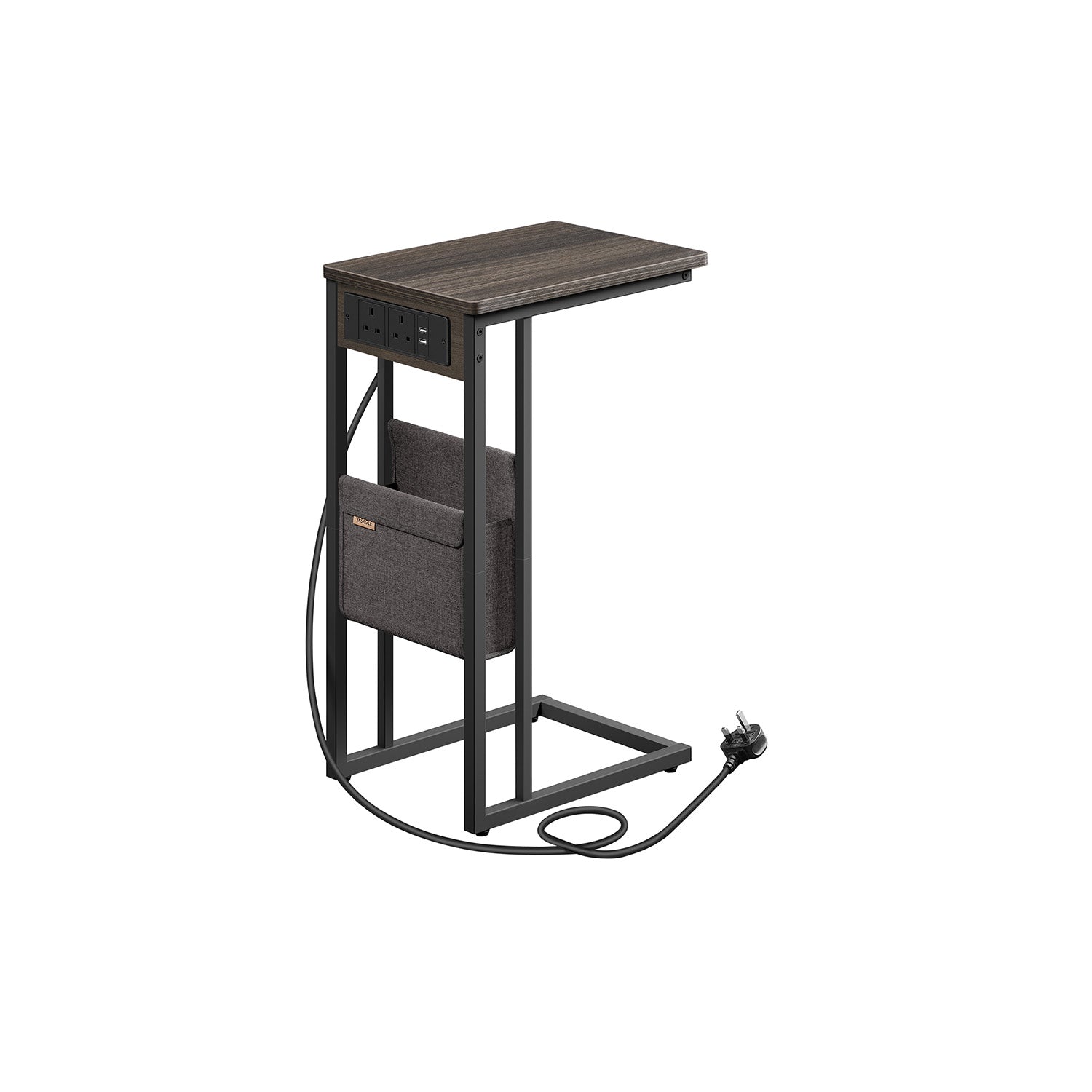 C-Shaped Bedside Table – Wood – Ash Brown – Charging Station with USB Ports and Outlets