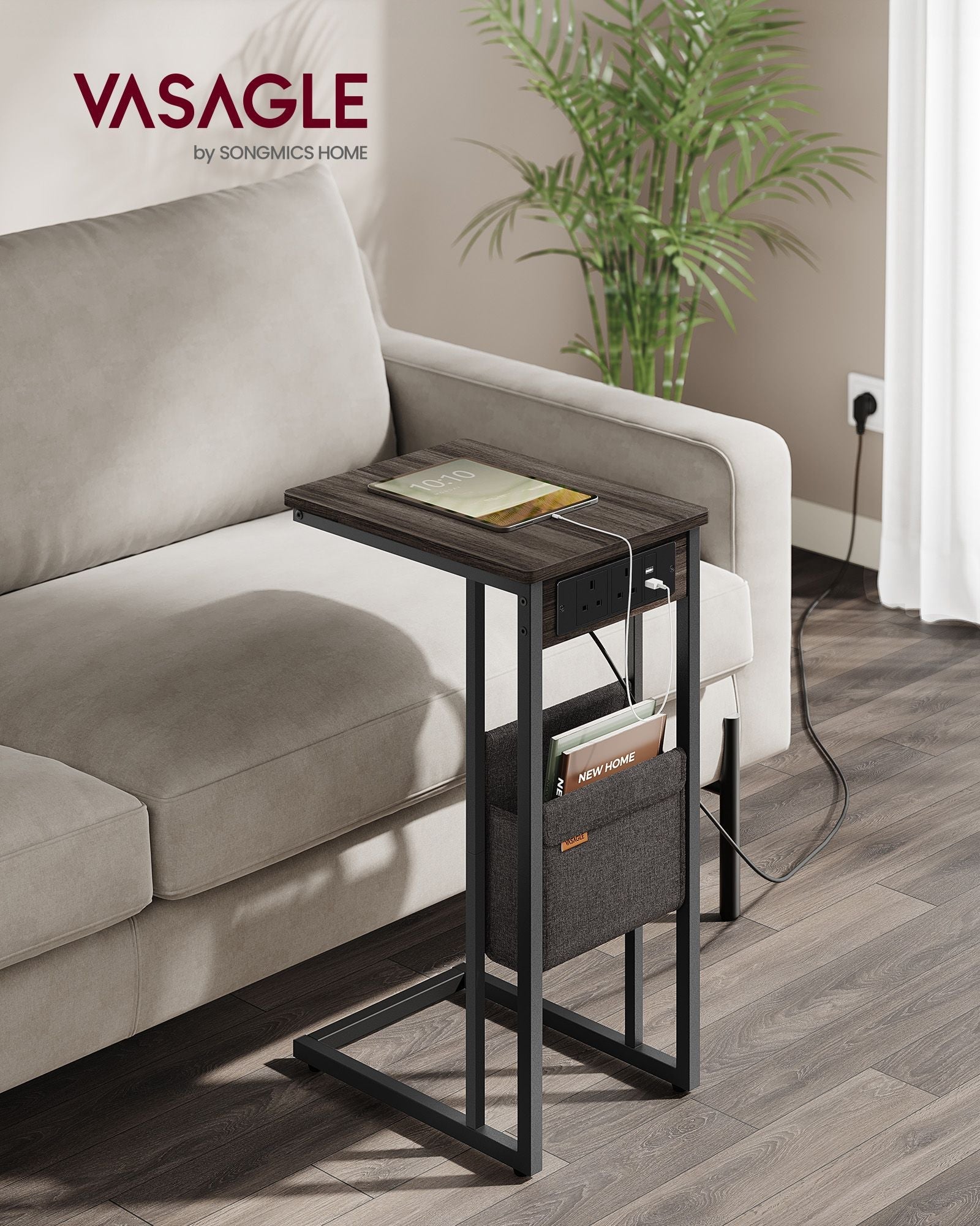 C-Shaped Bedside Table – Wood – Ash Brown – Charging Station with USB Ports and Outlets