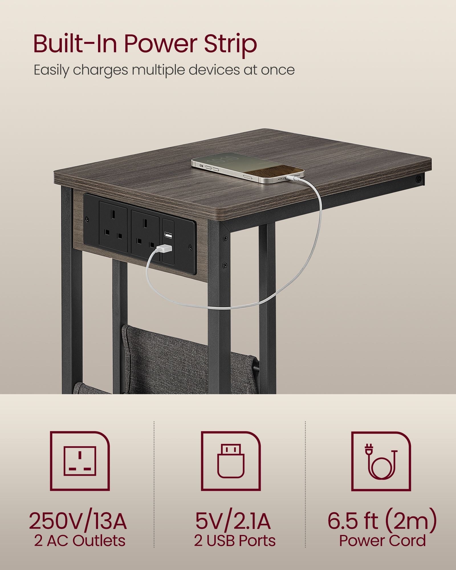 C-Shaped Bedside Table – Wood – Ash Brown – Charging Station with USB Ports and Outlets