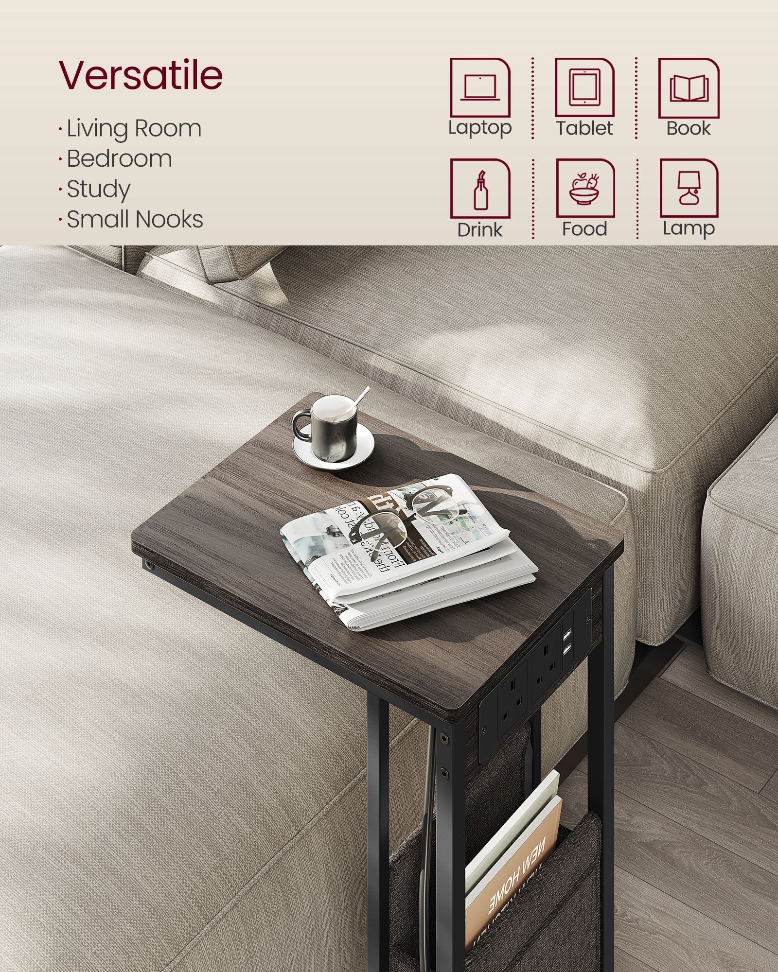 C-Shaped Bedside Table – Wood – Ash Brown – Charging Station with USB Ports and Outlets