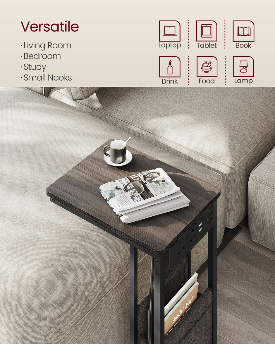 C-Shaped Bedside Table – Wood – Ash Brown – Charging Station with USB Ports and Outlets