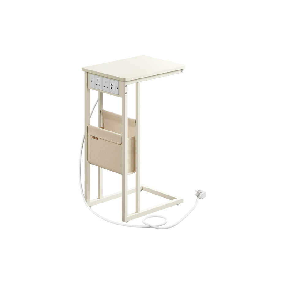 C-Shaped Bedside Table – Wood – Cream White – Charging Station with USB Ports and Storage Bag