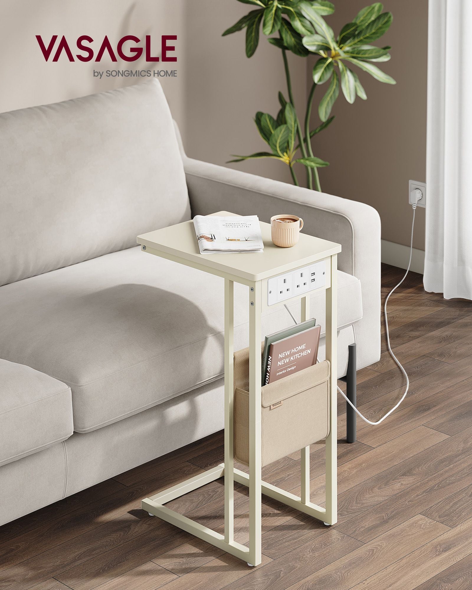 C-Shaped Bedside Table – Wood – Cream White – Charging Station with USB Ports and Storage Bag