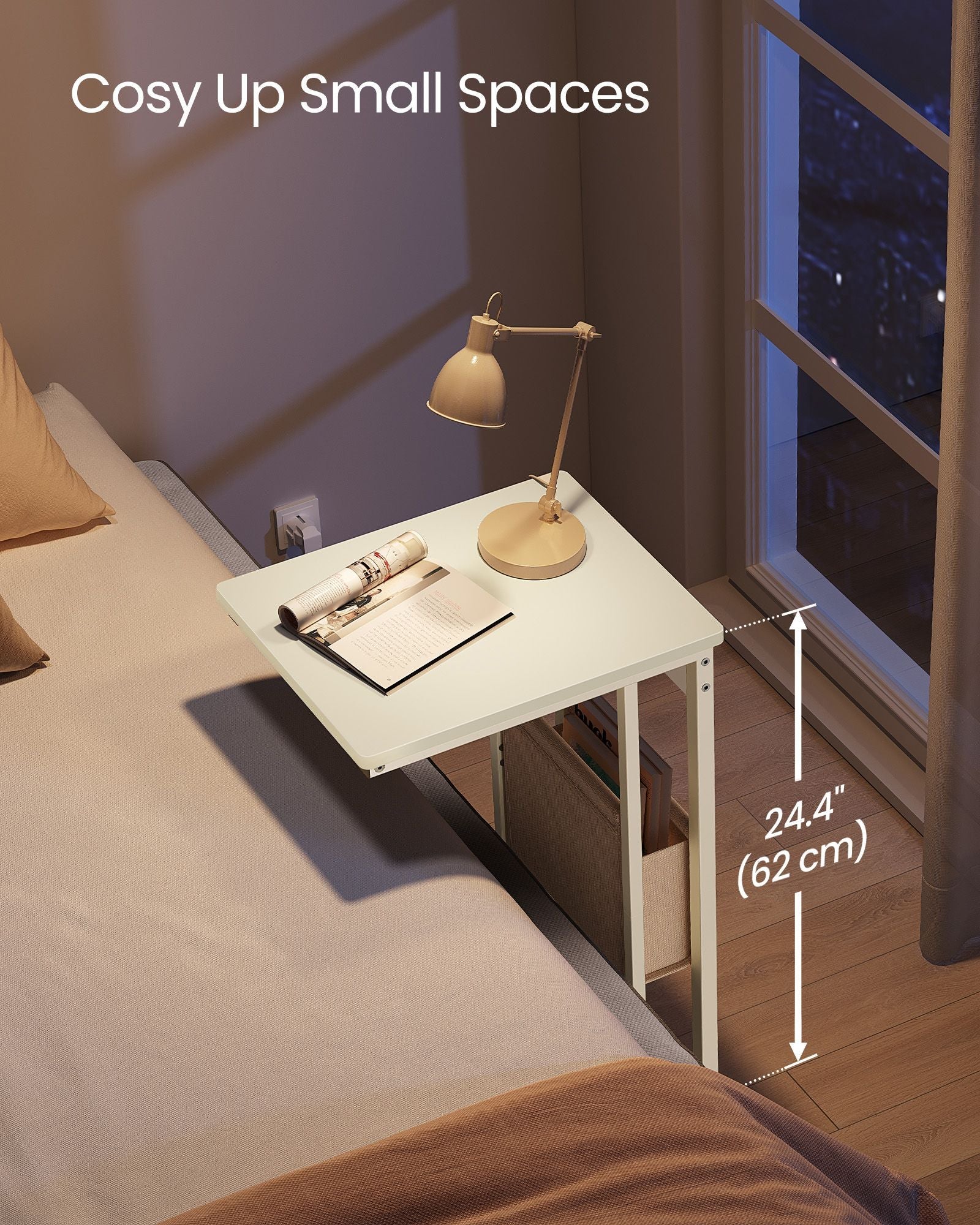 C-Shaped Bedside Table – Wood – Cream White – Charging Station with USB Ports and Storage Bag
