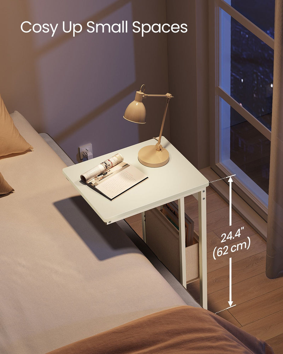 C-Shaped Bedside Table – Wood – Cream White – Charging Station with USB Ports and Storage Bag