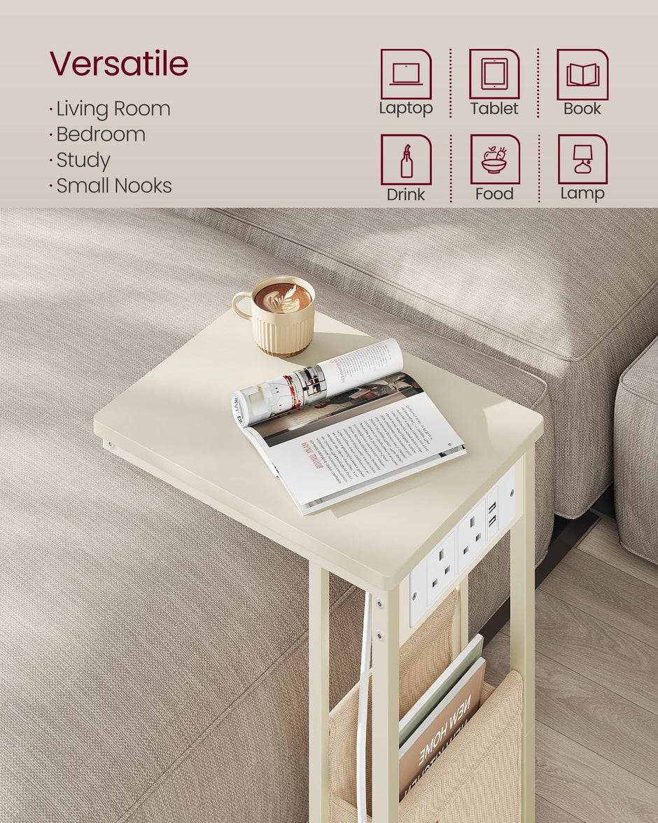 C-Shaped Bedside Table – Wood – Cream White – Charging Station with USB Ports and Storage Bag
