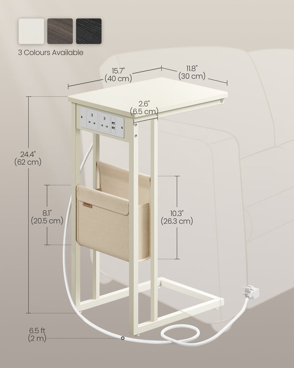 C-Shaped Bedside Table – Wood – Cream White – Charging Station with USB Ports and Storage Bag