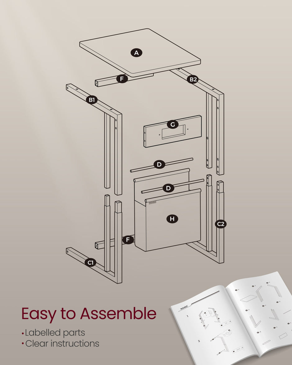 C-Shaped Bedside Table – Wood – Cream White – Charging Station with USB Ports and Storage Bag