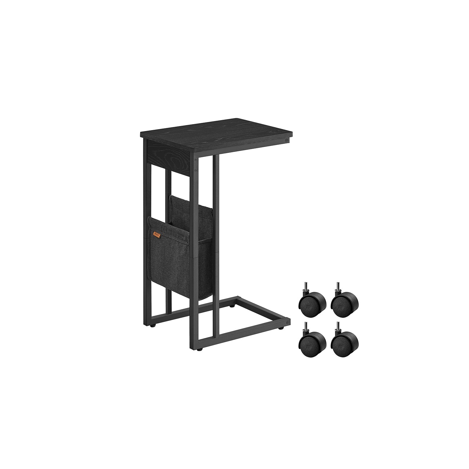 C-Shaped Bedside Table – Wood – Ebony Black – With Fabric Storage Bag and Adjustable Feet
