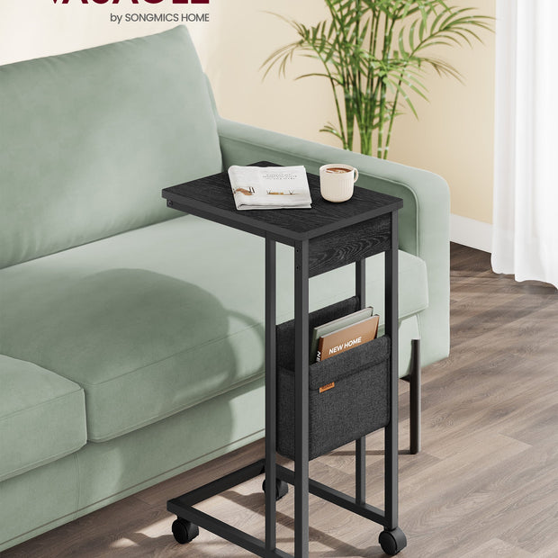 C-Shaped Bedside Table – Wood – Ebony Black – With Fabric Storage Bag and Adjustable Feet