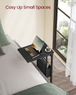 C-Shaped Bedside Table – Wood – Ebony Black – With Fabric Storage Bag and Adjustable Feet