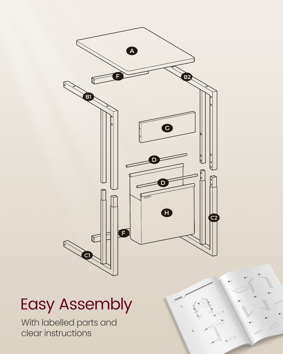 C-Shaped Bedside Table – Wood – Ebony Black – With Fabric Storage Bag and Adjustable Feet